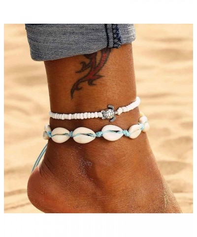 Boho Beaded Anklets Shell Ankle Bracelets with Silver Turtle Foot Chain Jewelry for Women and Girls 2Pcs $7.41 Anklets