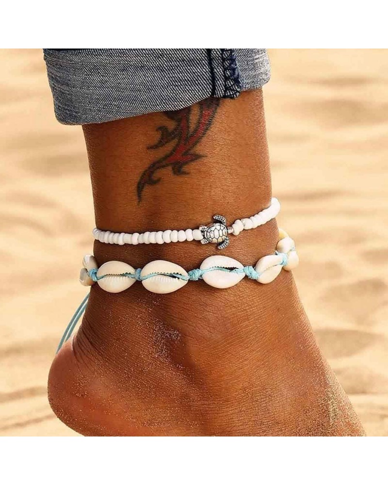 Boho Beaded Anklets Shell Ankle Bracelets with Silver Turtle Foot Chain Jewelry for Women and Girls 2Pcs $7.41 Anklets