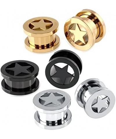 Pair of Star Tunnels Plugs Stainless Steel Screw Tunnels Ear Expander Stretcher Piercing Gauges With O-Ring Fashion Punk Blac...