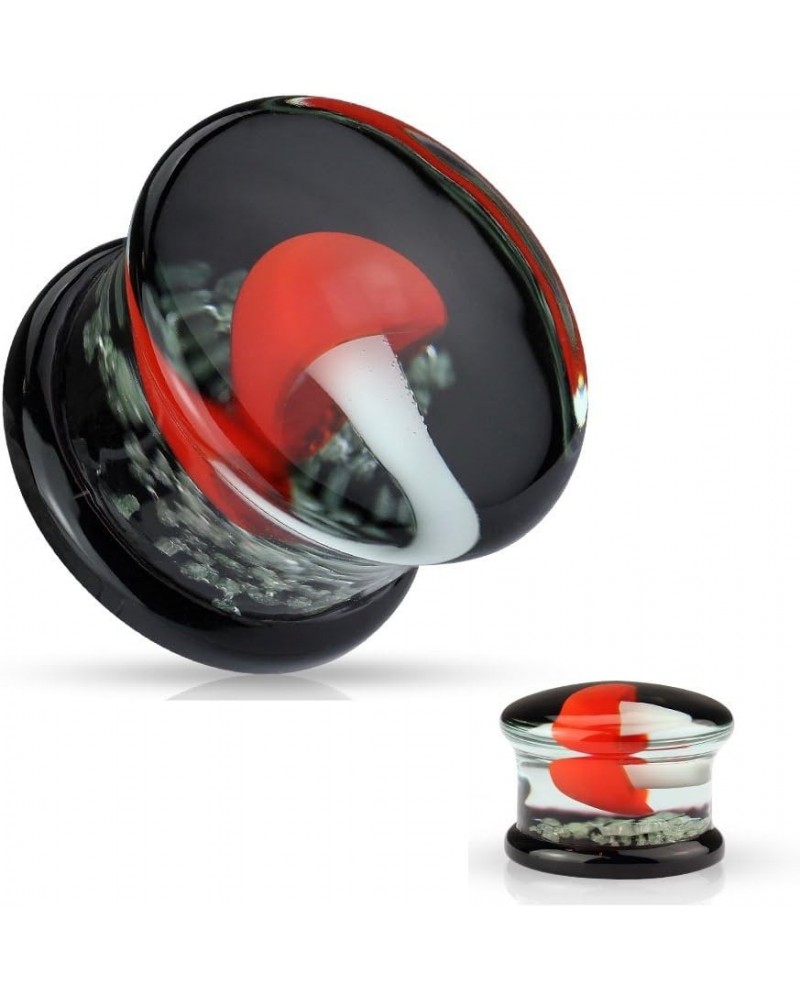 Pair Pyrex Glass Double Flared Plugs Black Back with Red and White Mushroom on Glow in Dark Sparkles 0GA (8mm) $15.10 Body Je...