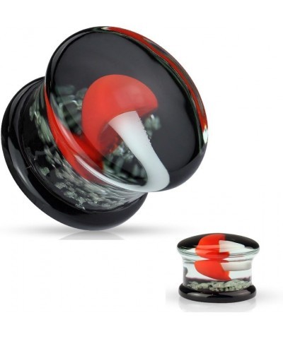 Pair Pyrex Glass Double Flared Plugs Black Back with Red and White Mushroom on Glow in Dark Sparkles 0GA (8mm) $15.10 Body Je...