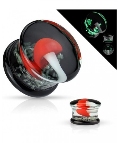 Pair Pyrex Glass Double Flared Plugs Black Back with Red and White Mushroom on Glow in Dark Sparkles 0GA (8mm) $15.10 Body Je...