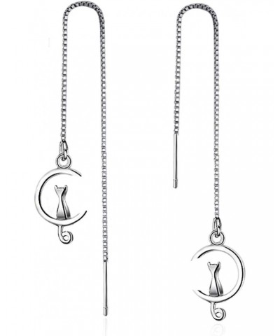 White Gold Plated Long Tassel Chain Sweet Cat on Moon Dangle Drop Threader Earrings for Women Girls $6.11 Earrings