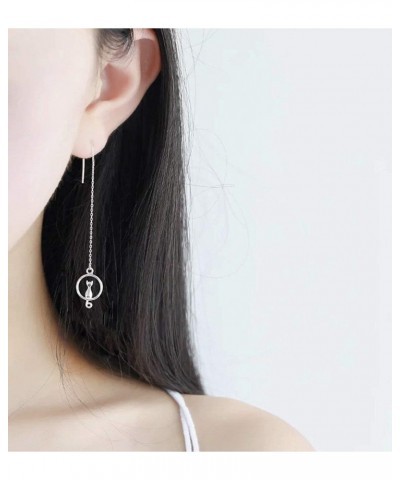 White Gold Plated Long Tassel Chain Sweet Cat on Moon Dangle Drop Threader Earrings for Women Girls $6.11 Earrings