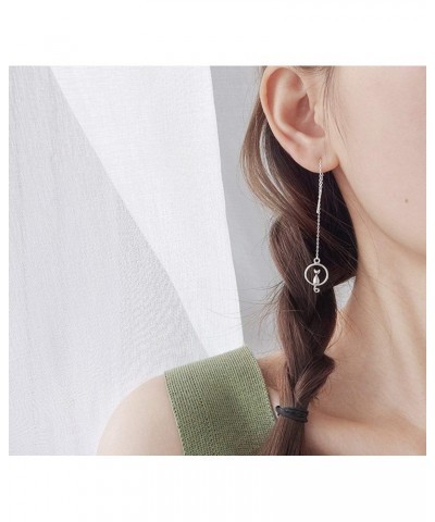 White Gold Plated Long Tassel Chain Sweet Cat on Moon Dangle Drop Threader Earrings for Women Girls $6.11 Earrings