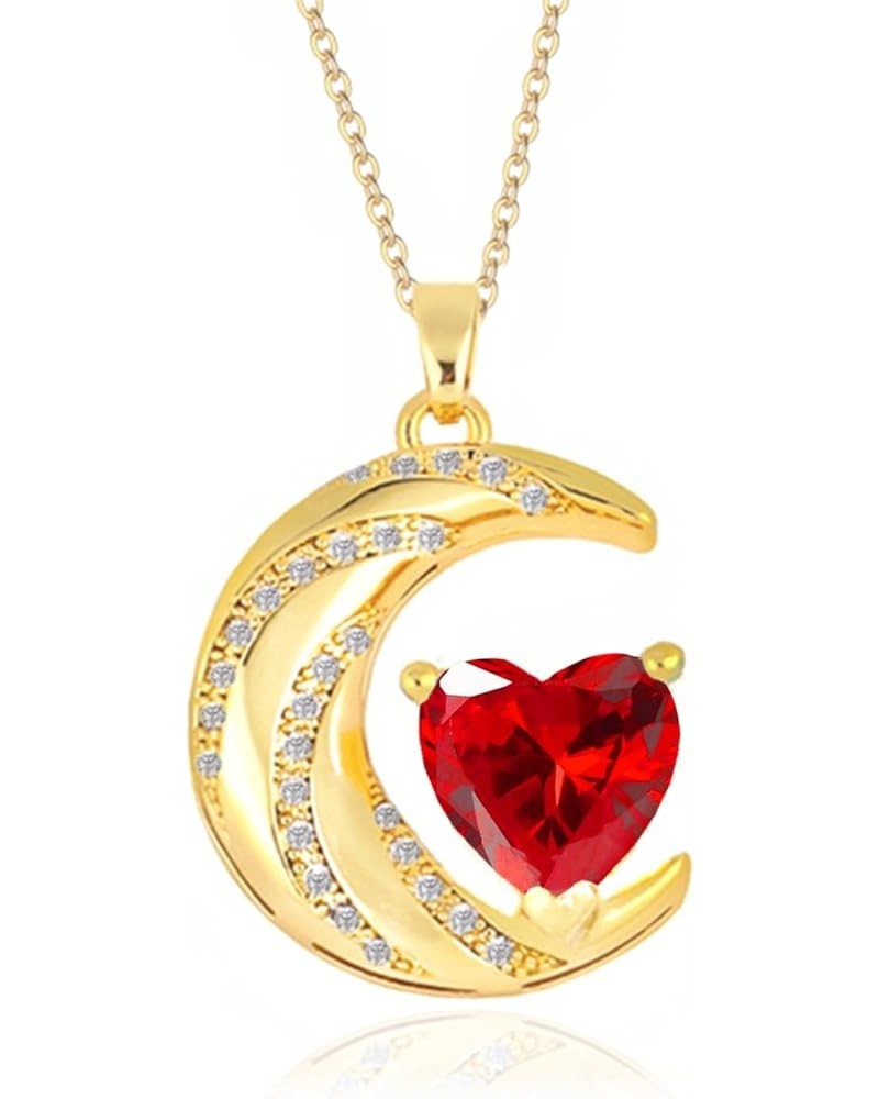 Crystal Zircon Moon Heart Pendant Crescent Necklace | Plated 18k Gold Gemstone Birthstone Statement Planet Diamond Jewelry Gi...