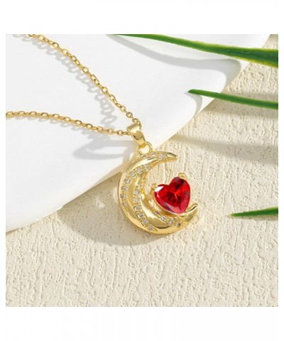 Crystal Zircon Moon Heart Pendant Crescent Necklace | Plated 18k Gold Gemstone Birthstone Statement Planet Diamond Jewelry Gi...