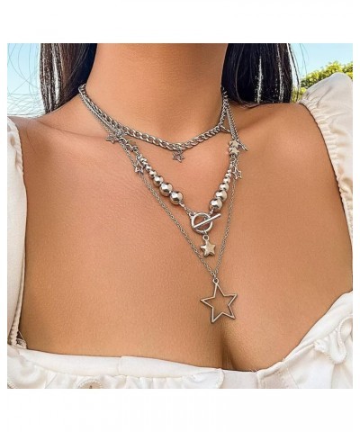 3 Pcs Y2k Necklace Hip Hop Star Pendant Necklace Set Layered Hollow Five-Pointed Star Choker Fashion Bead Chain Simple For Wo...