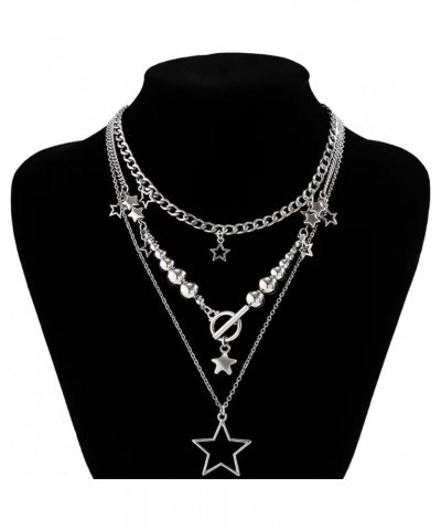 3 Pcs Y2k Necklace Hip Hop Star Pendant Necklace Set Layered Hollow Five-Pointed Star Choker Fashion Bead Chain Simple For Wo...