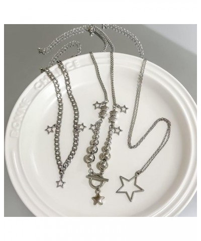 3 Pcs Y2k Necklace Hip Hop Star Pendant Necklace Set Layered Hollow Five-Pointed Star Choker Fashion Bead Chain Simple For Wo...