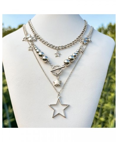 3 Pcs Y2k Necklace Hip Hop Star Pendant Necklace Set Layered Hollow Five-Pointed Star Choker Fashion Bead Chain Simple For Wo...