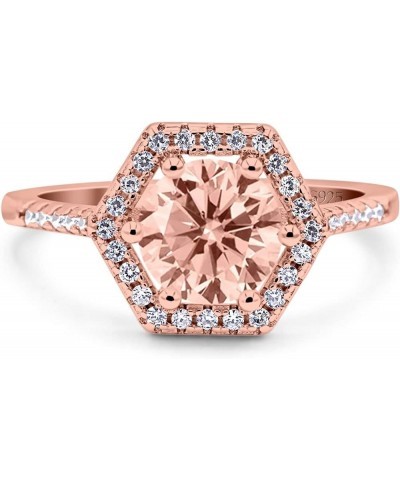 Art Deco Hexagon Wedding Bridal Ring Round Simulated Cubic Zirconia 925 Sterling Silver Rose Tone, Simulated Morganite CZ $10...