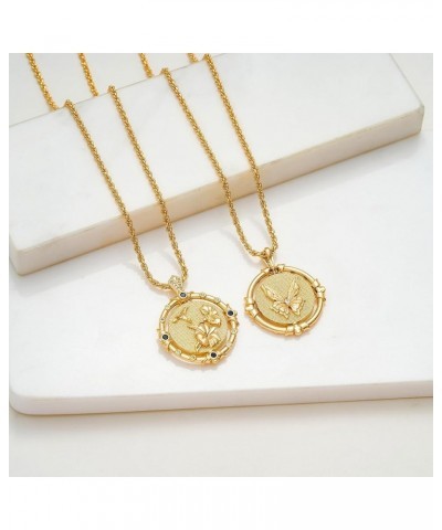 Birth Flower Necklaces for Women 14K Gold Plated Birth Flower with Birthstone Chunky Reversible Rotatable Disc Pendant Neckla...