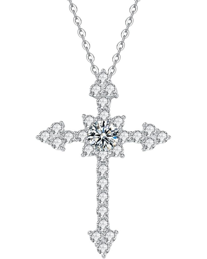 925 Sterling Silver Moissanite Cross Pendant Necklace for Women, Silver Women's Cross Necklace, 18"+2" extender chain style 2...