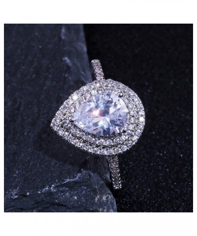 Platinum Plated CZ Pear Shaped Cubic Zirconia Crystal Halo Wedding Teardrop Shaped Ring for Women Sizes 6 to 10 (US Size 9) U...