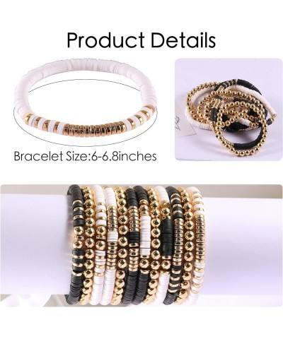 12pc Surfer Heishi Clay Bead Bracelets for Women, Bohemian Stackable Gold Beaded Bracelets, Elastic Layering Friendship Brace...