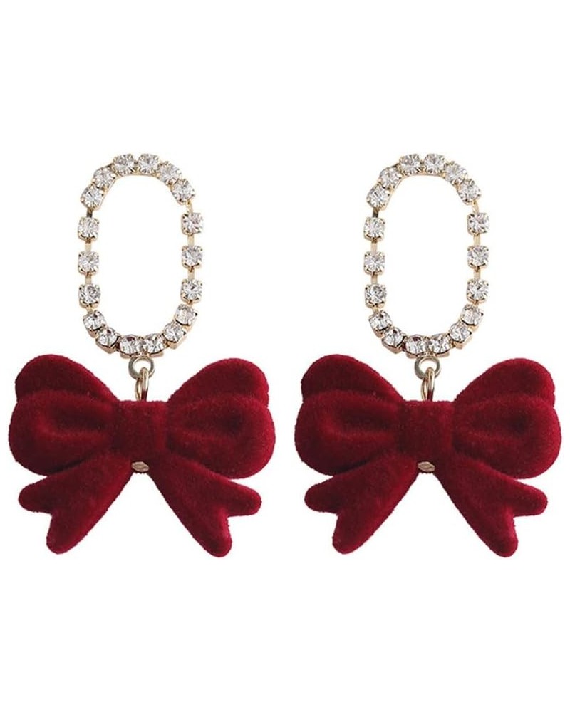 Bow Dangle Earrings Geometric Zircon Velvet Bowknot Dangle Drop Earrings for Women Girls Christmas Jewelry Red $7.50 Earrings