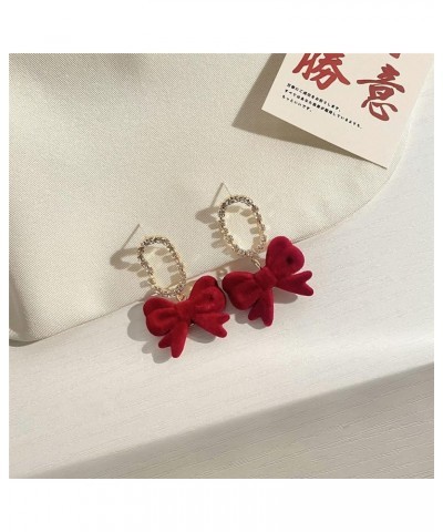 Bow Dangle Earrings Geometric Zircon Velvet Bowknot Dangle Drop Earrings for Women Girls Christmas Jewelry Red $7.50 Earrings