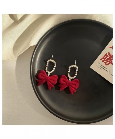 Bow Dangle Earrings Geometric Zircon Velvet Bowknot Dangle Drop Earrings for Women Girls Christmas Jewelry Red $7.50 Earrings