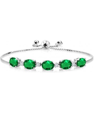 925 Sterling Silver Green Simulated Emerald and Lab Grown Diamond Adjustable Tennis Bracelet For Women (4.01 Ct Oval Center S...