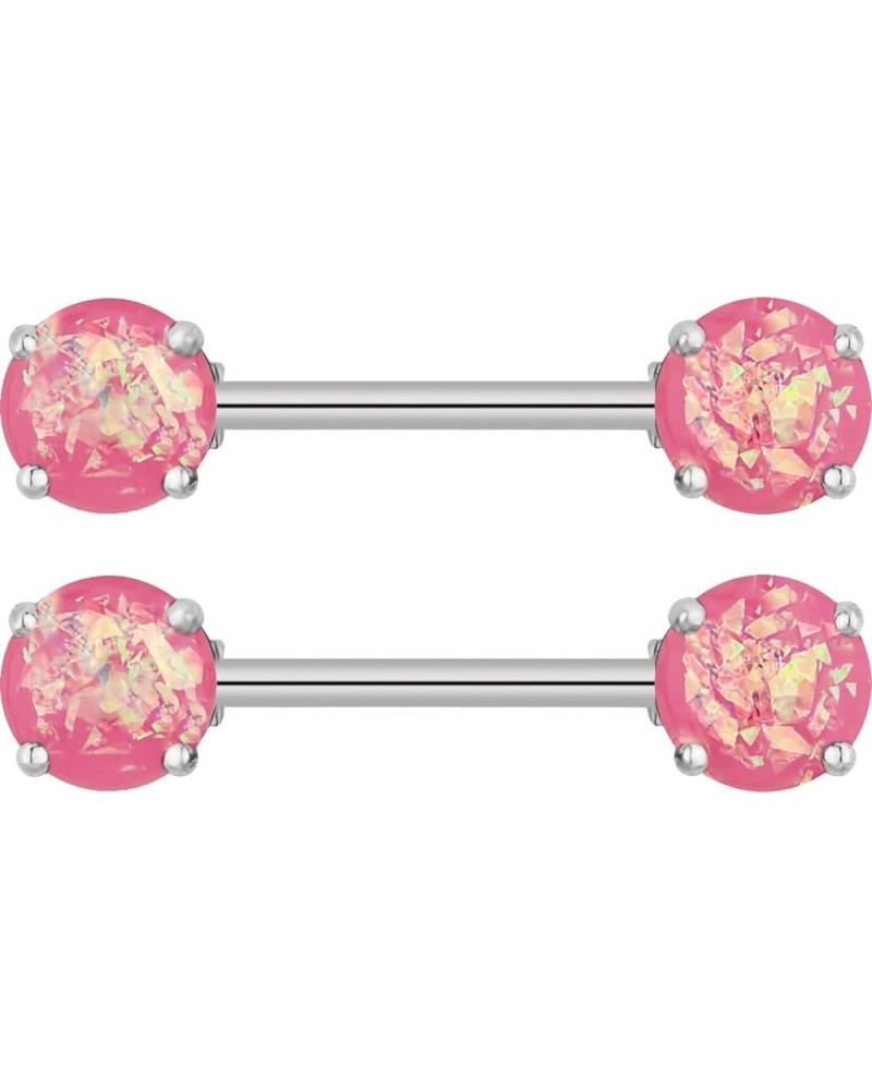 14G Set of Surgical Steel Simulated Opal Glitter Gemstone Nipple Ring Barbells Pink $12.87 Body Jewelry