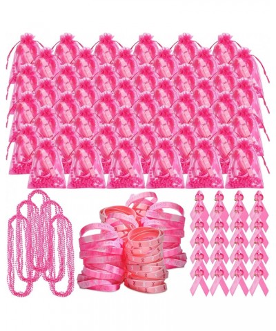 100 Pack Breast Cancer Awareness Pink Gifts Bulk, 100 Bracelet Wristbands,100 Necklace,100 Safety Ribbon Pin, 100 Cancer Card...