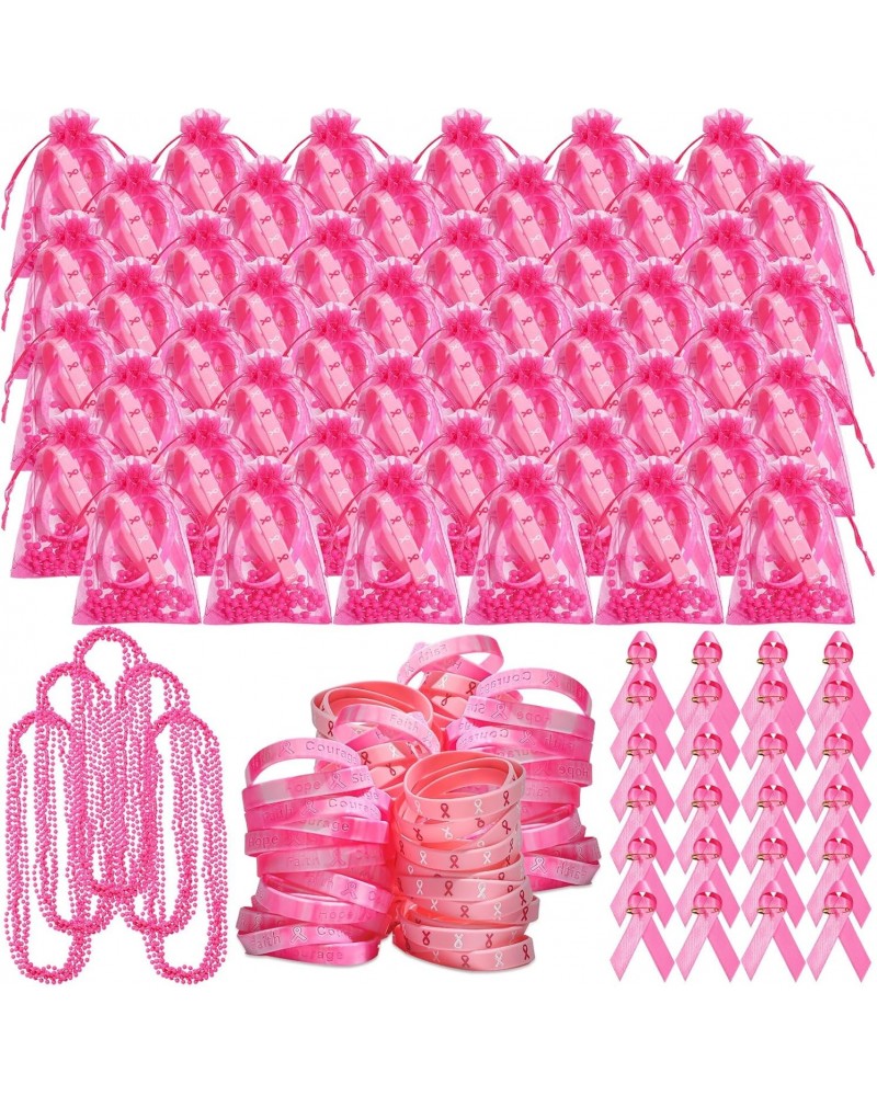 100 Pack Breast Cancer Awareness Pink Gifts Bulk, 100 Bracelet Wristbands,100 Necklace,100 Safety Ribbon Pin, 100 Cancer Card...