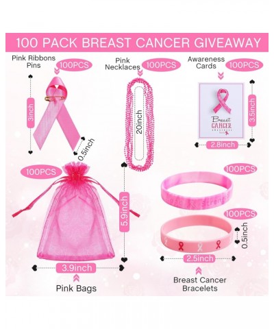 100 Pack Breast Cancer Awareness Pink Gifts Bulk, 100 Bracelet Wristbands,100 Necklace,100 Safety Ribbon Pin, 100 Cancer Card...