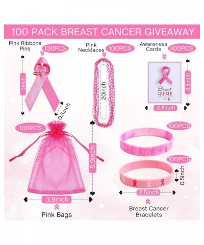 100 Pack Breast Cancer Awareness Pink Gifts Bulk, 100 Bracelet Wristbands,100 Necklace,100 Safety Ribbon Pin, 100 Cancer Card...