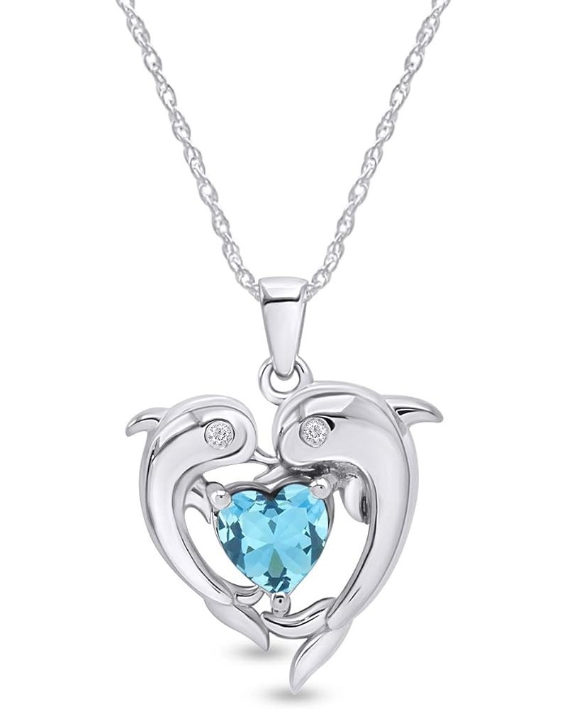 Heart Frame Double Dophin Pendant Necklace in 14k White Gold Over Sterling Silver Simulated Aquamarine $32.47 Necklaces