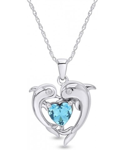 Heart Frame Double Dophin Pendant Necklace in 14k White Gold Over Sterling Silver Simulated Aquamarine $32.47 Necklaces