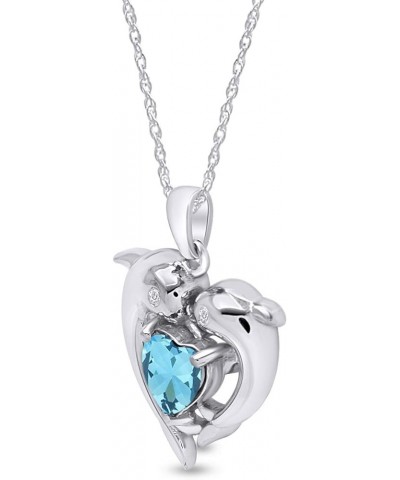 Heart Frame Double Dophin Pendant Necklace in 14k White Gold Over Sterling Silver Simulated Aquamarine $32.47 Necklaces