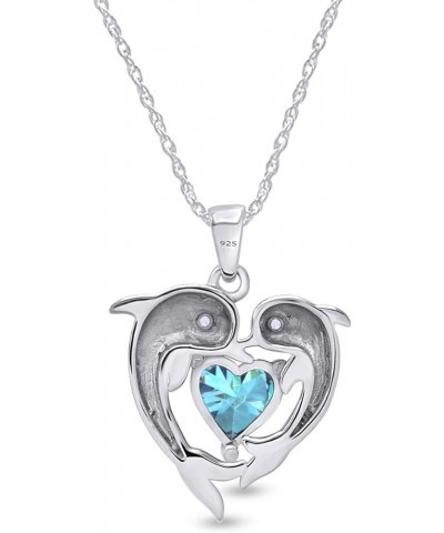 Heart Frame Double Dophin Pendant Necklace in 14k White Gold Over Sterling Silver Simulated Aquamarine $32.47 Necklaces