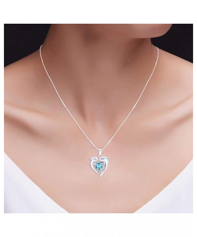 Heart Frame Double Dophin Pendant Necklace in 14k White Gold Over Sterling Silver Simulated Aquamarine $32.47 Necklaces