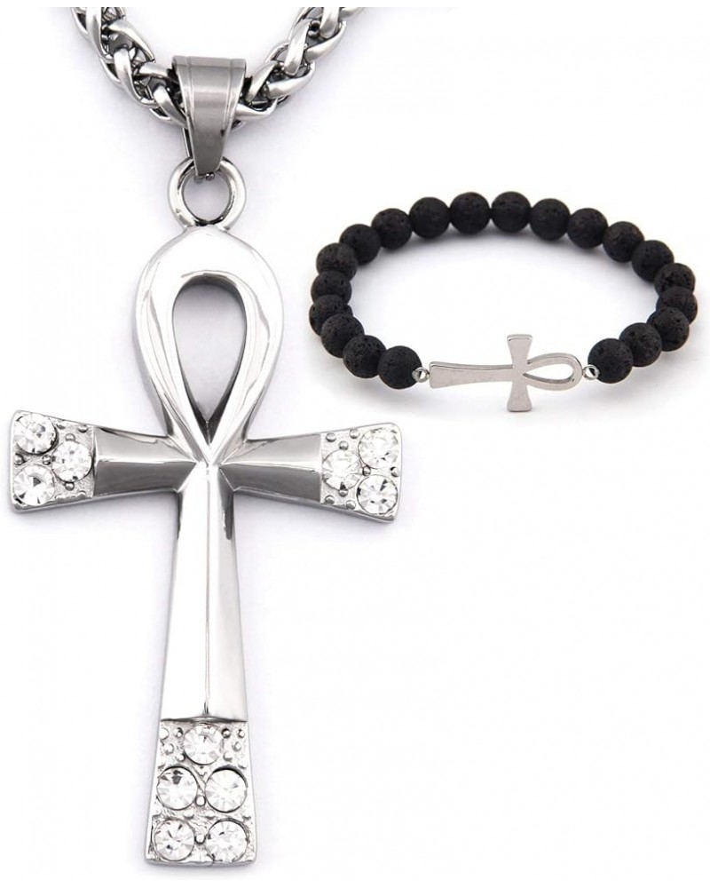 Ankh Cross Necklace Stainless Steel with CZ Stone Pendant Ancient Egyptian Symbol of Life Jewlery Men Women 28 Inches $9.87 N...