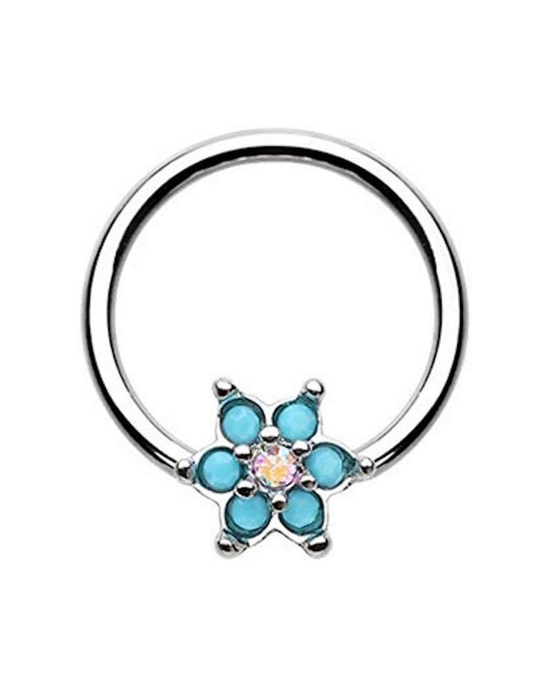 Amelia Fashion 16 Turquoise Spring Flower Turquoise/AuroraBorealis Sparkle Captive Bead Ring 316L Surgical Steel Silver/Auror...