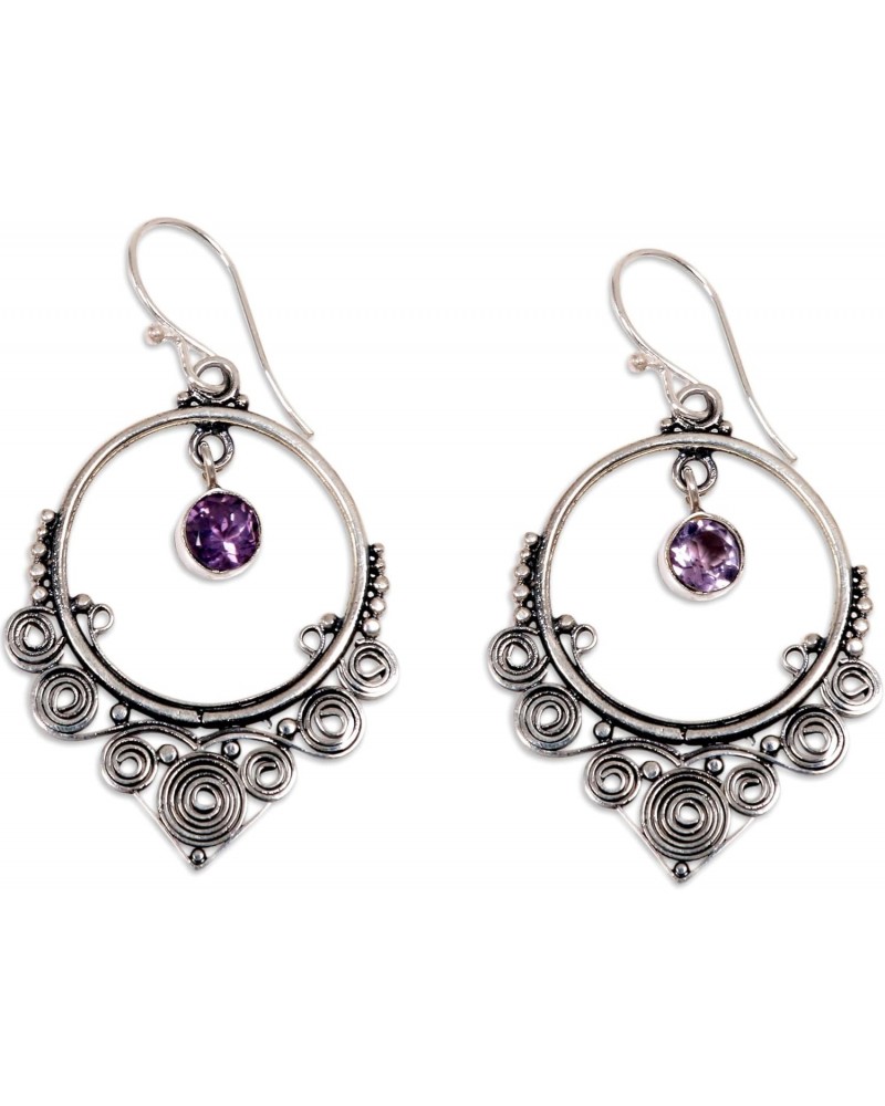 Handmade .925 Sterling Silver Amethyst Dangle Earrings Round Purple Indonesia Birthstone [1.8 in L x 1 in W x 0.1 in D] 'Opul...