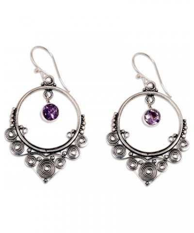 Handmade .925 Sterling Silver Amethyst Dangle Earrings Round Purple Indonesia Birthstone [1.8 in L x 1 in W x 0.1 in D] 'Opul...