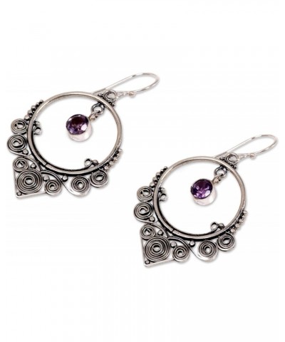 Handmade .925 Sterling Silver Amethyst Dangle Earrings Round Purple Indonesia Birthstone [1.8 in L x 1 in W x 0.1 in D] 'Opul...