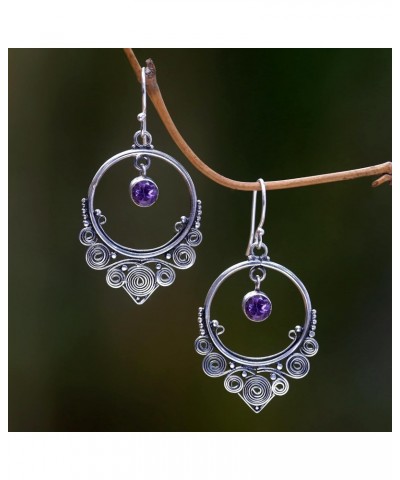 Handmade .925 Sterling Silver Amethyst Dangle Earrings Round Purple Indonesia Birthstone [1.8 in L x 1 in W x 0.1 in D] 'Opul...