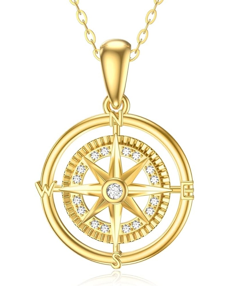 14K Real Gold Compass Pendant Necklace for Women,Yellow Gold Small Compass Dainty Necklace with Cubic Zirconia Fine Jewelry B...