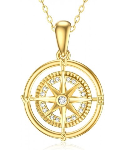 14K Real Gold Compass Pendant Necklace for Women,Yellow Gold Small Compass Dainty Necklace with Cubic Zirconia Fine Jewelry B...