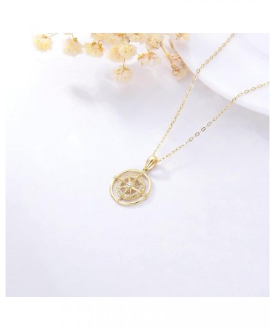 14K Real Gold Compass Pendant Necklace for Women,Yellow Gold Small Compass Dainty Necklace with Cubic Zirconia Fine Jewelry B...