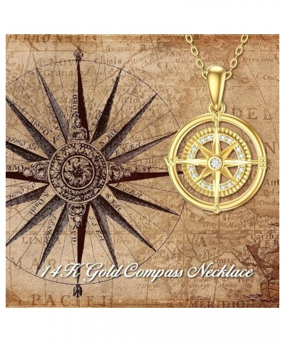 14K Real Gold Compass Pendant Necklace for Women,Yellow Gold Small Compass Dainty Necklace with Cubic Zirconia Fine Jewelry B...