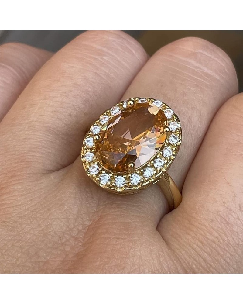 Huge Oval Shaped CZ Cubic Zircon Wedding Party Statement Champagne Ring Engagement Inspired Cocktails Morganite Yellow Gold P...