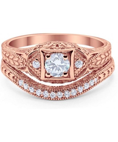 Art Deco Vintage Style Two Piece Wedding Engagement Bridal Set Ring Band Round CZ 925 Sterling Silver Choose Color Rose Tone,...