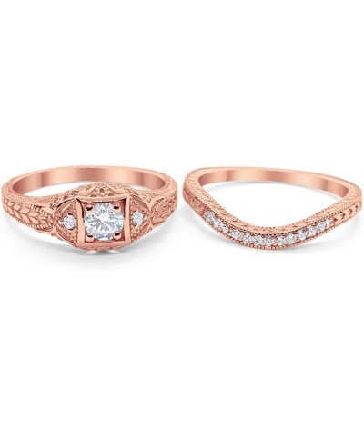 Art Deco Vintage Style Two Piece Wedding Engagement Bridal Set Ring Band Round CZ 925 Sterling Silver Choose Color Rose Tone,...