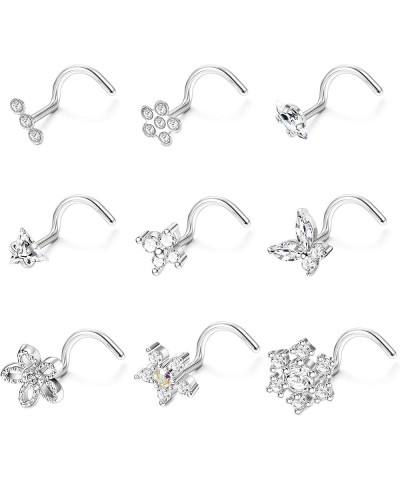 9Pcs 20G Nose Rings Studs with Big Bling CZ Snowflake Star Top Surgical Steel L-Shaped Nose Studs Triple Linear Gem Ball Roun...