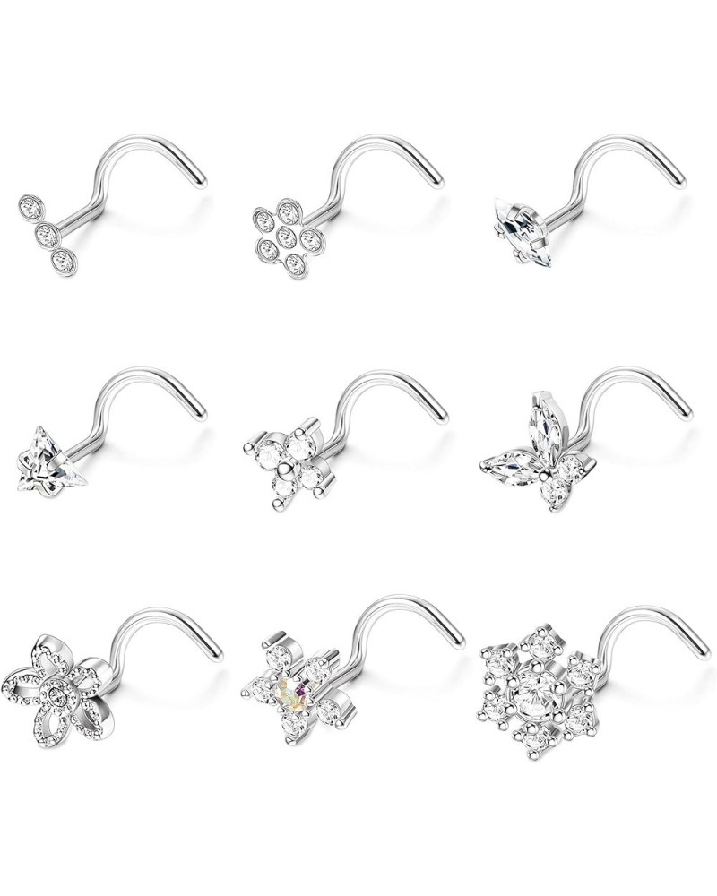 9Pcs 20G Nose Rings Studs with Big Bling CZ Snowflake Star Top Surgical Steel L-Shaped Nose Studs Triple Linear Gem Ball Roun...