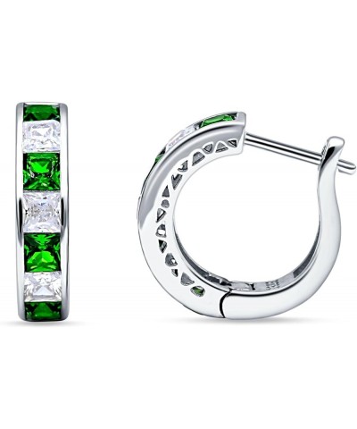 Minimalist Princess Cut Channel Set Hinged Huggie Hoop Earrings Cubic Zirconia 925 Sterling Silver Simulated Green Emerald CZ...